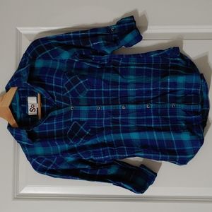 Button down plaid shirt with metallic thread
